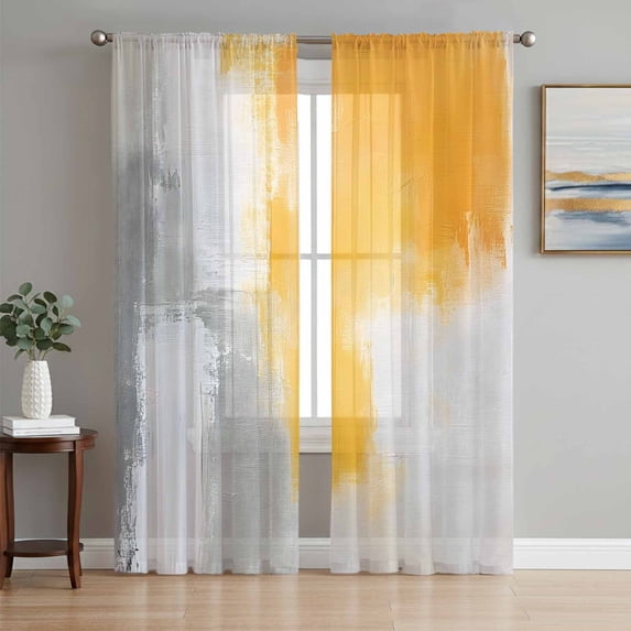 Yellow Grey Sheer Curtains 96 Inch Length 2 Panels Set, Geometric Oil Painting Artwork Modern Voile Window Treatment Semi Sheer Long Curtains Drapes for Bedroom/Living Room/Kitchen 52"x96"x2
