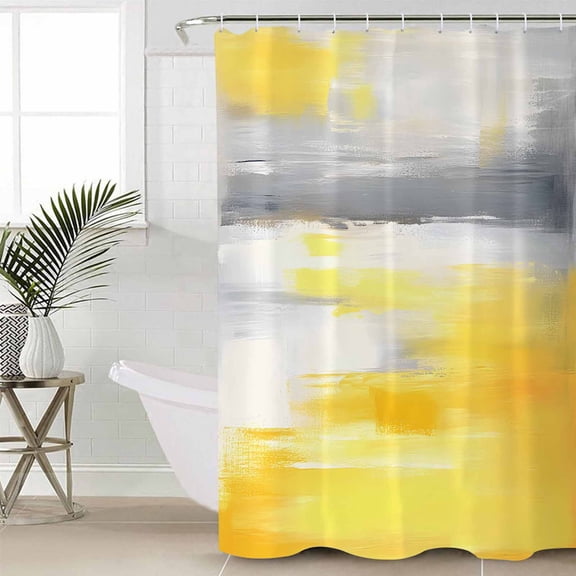 Yellow Grey Shower Curtain Set, Waterproof Shower Curtains for Bathroom, Abstract Modern Oil Painted Art Washable Fabric Cloth Bath Curtain for Bathtub Decoration with Hooks 72x78 Inches