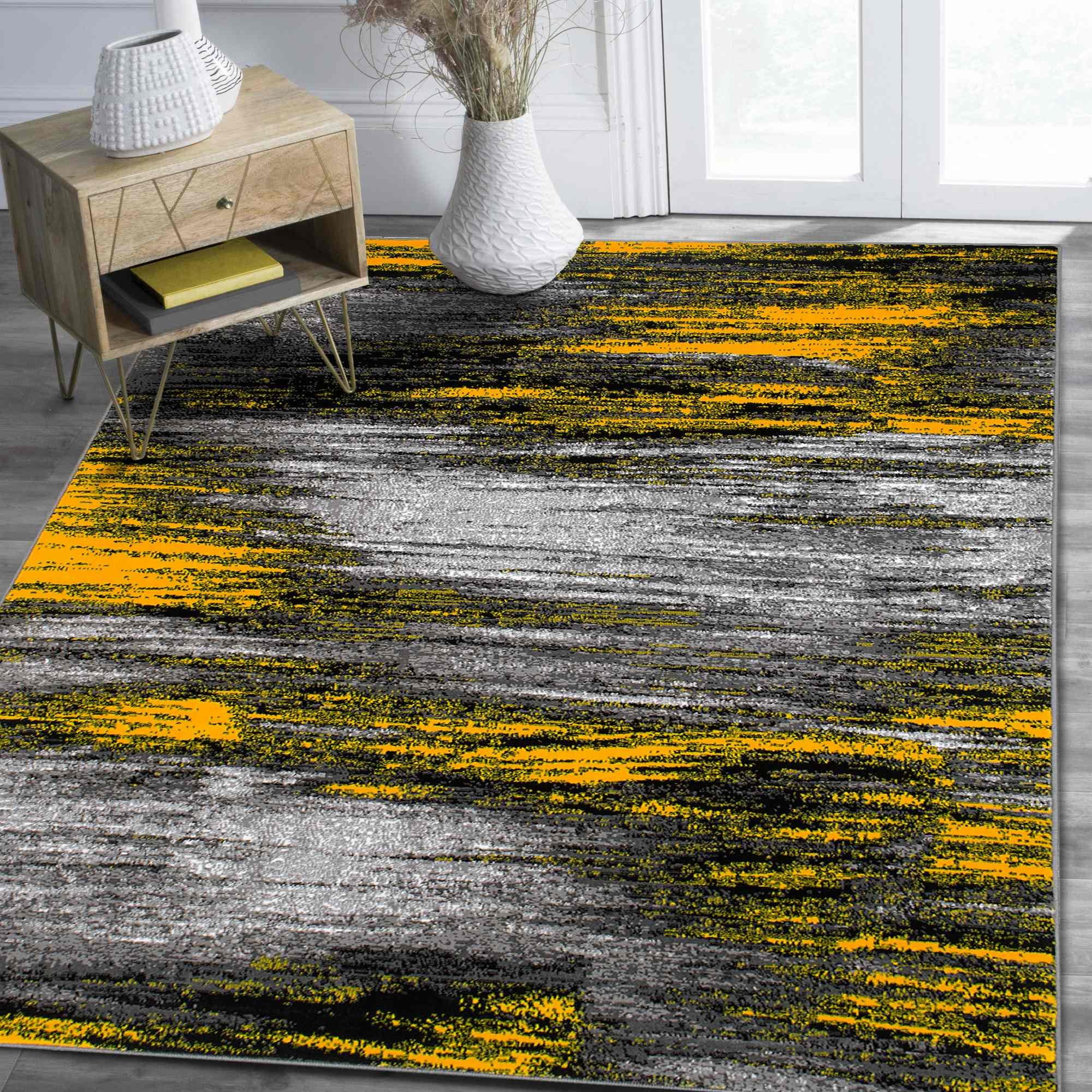 Yellow Grey Silver Black Abstract Contemporary Modern Design Mixed