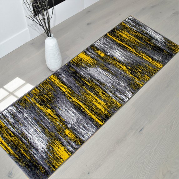 Yellow/Grey/Silver/Black/Abstract Contemporary Modern Design Mixed Brush Pattern Colors Area Rug