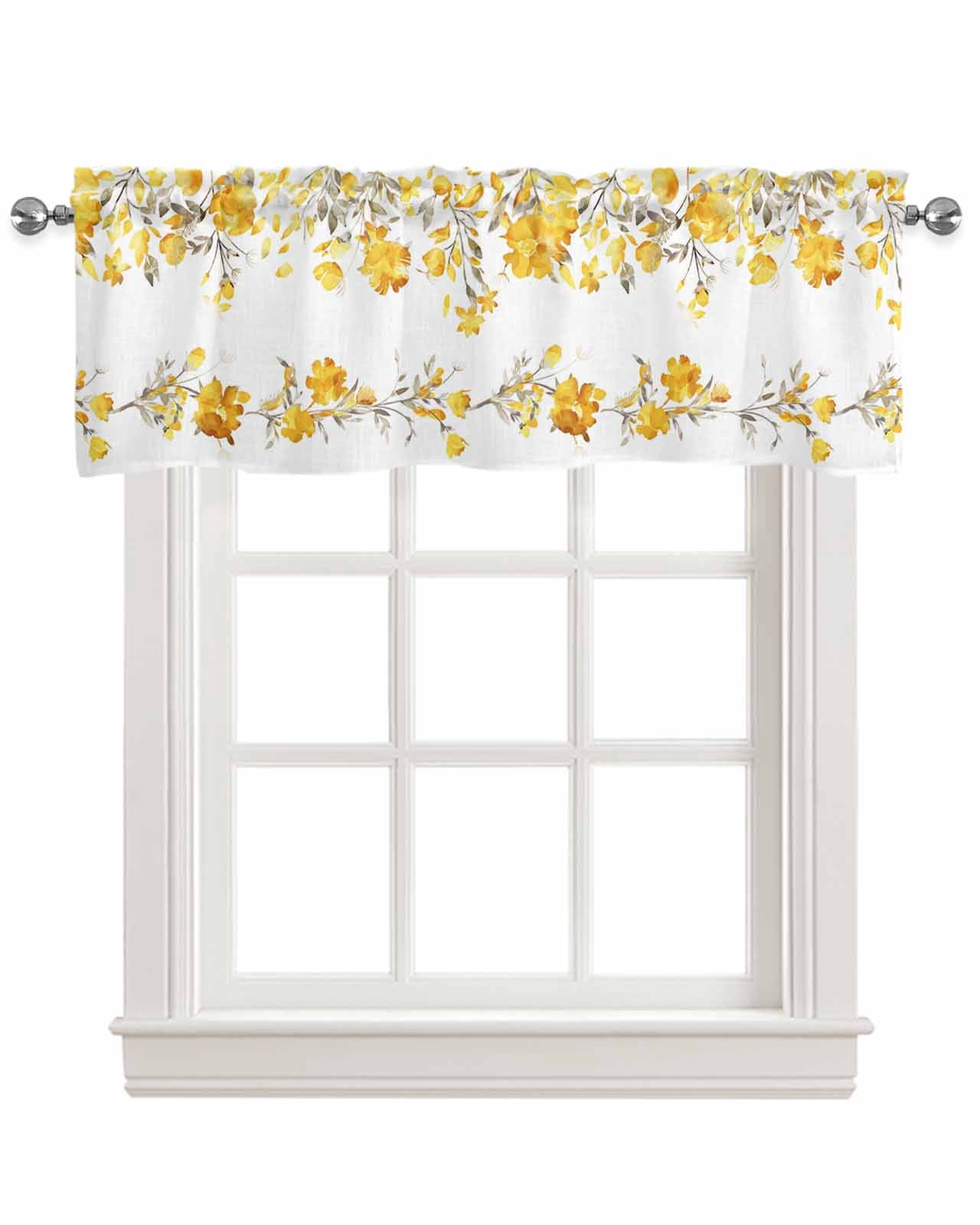 Yellow Grey Spring Floral Linen Curtain Valance for Bedroom/Bathroom ...