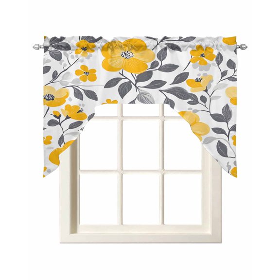 Yellow Grey Spring Floral Swag Valances for Windows, Small Curtains Drapes, Summer Botanical Elegant Kitchen Window Curtains Over Sink Rod Pocket Window Treatment Valance for Bedroom/Bathroom 56"x36"