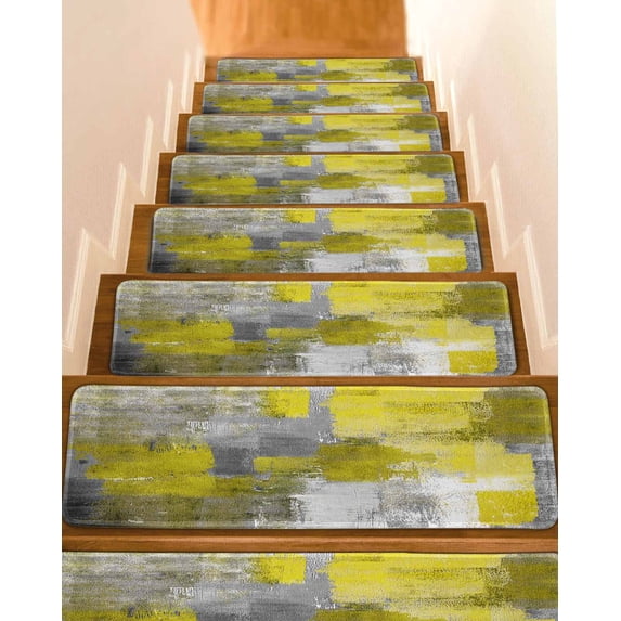 Yellow Grey Stair Treads Non Slip Indoor for Wooden Steps, Abstract Art Oil Painting Modern Geometric 10 Pcs Stair Mats for Elders Dogs, 8 x 30 Inch Carpet Treads Runner Rugs for Staircase