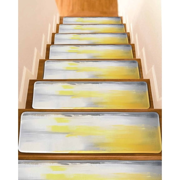 Yellow Grey Stair Treads for Wooden Steps Indoor Runner Rug Carpet, Abstract Modern Oil Painted Art 7 Pieces Peel and Stick Staircase Step Treads Covers Washable Throw Door Mats, 30"x8"