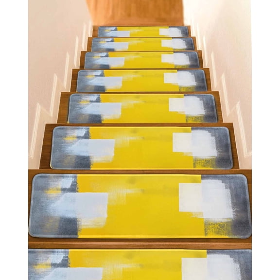 Yellow Grey Stair Treads for Wooden Steps Indoor Runner Rug Carpet, Oil Painted Modern Abstract Vintage 7 Pieces Peel and Stick Staircase Step Treads Covers Washable Throw Door Mats, 30"x8"