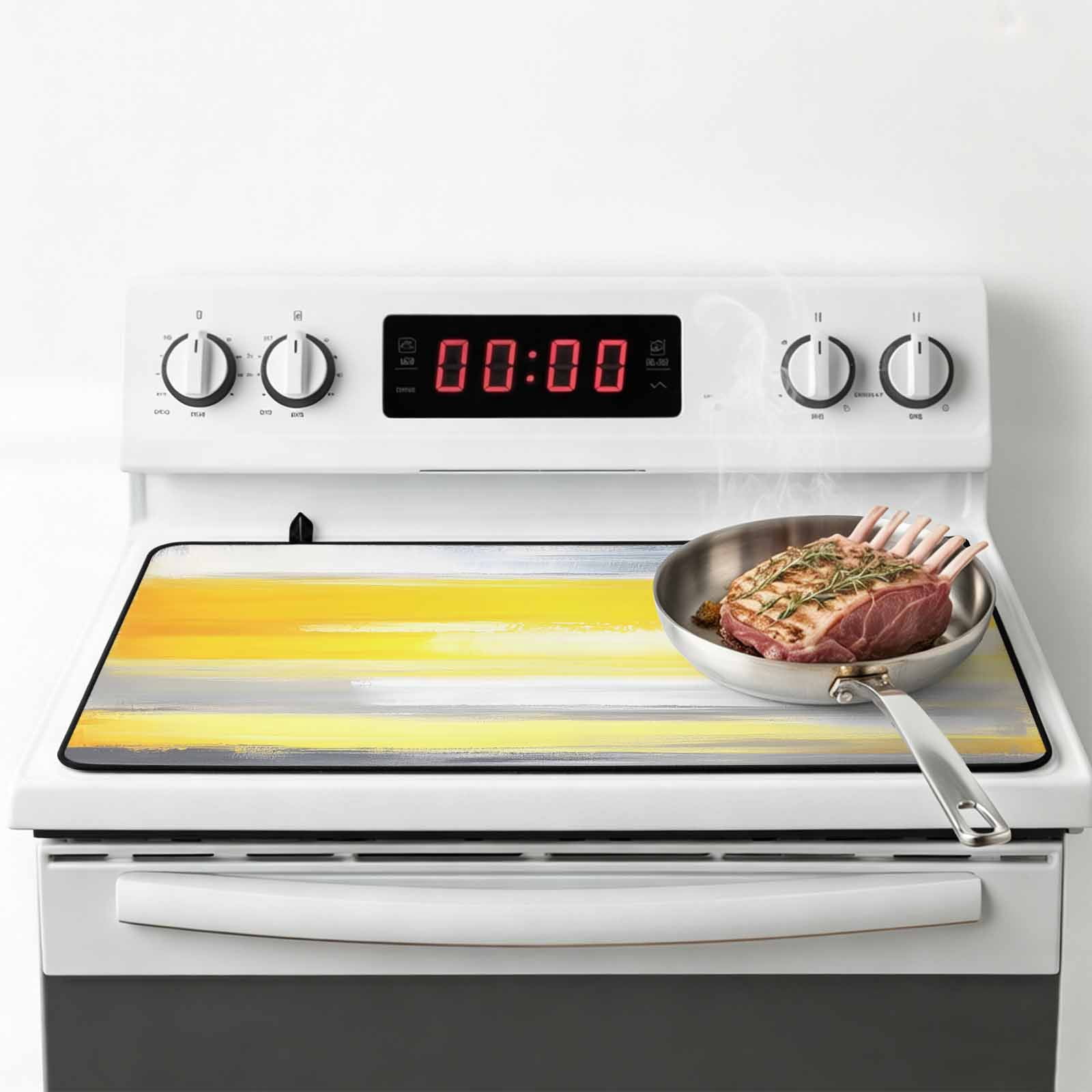 Yellow Grey Stove Top Cover for Electric Stove, Heat-proof & Non Slip Glass Top Stove Cover Protector, Modern Oil Painting Abstract Art Kitchen Flat Cooktop Rubber Mat 24x21 Inches
