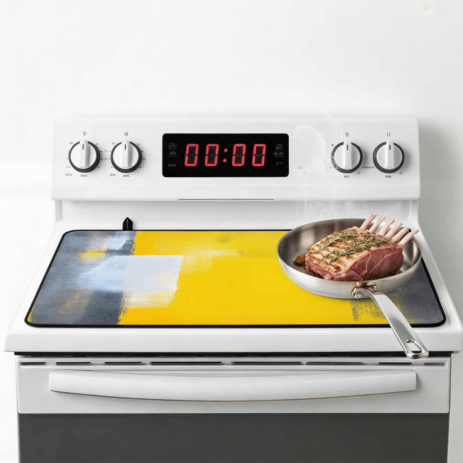 Yellow Grey Stove Top Cover for Electric Stove, Heat-proof & Non Slip Glass Top Stove Cover Protector, Oil Painted Modern Abstract Vintage Kitchen Flat Cooktop Rubber Mat 24x21 Inches