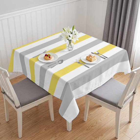 Yellow Grey Stripe Table Cloth Waterproof Tablecloths, Modern Farmhouse Vertical Striped Tablecloth Dining Table Cover for Kitchen Party Tabletop Outdoor, Square Tablecloth 60x60 Inch