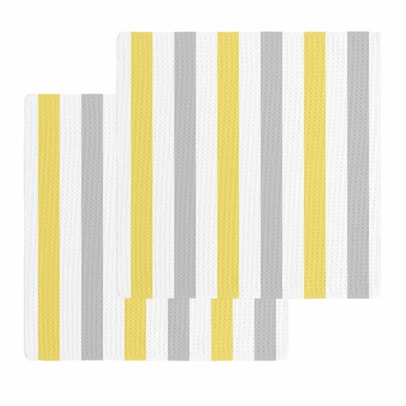 Yellow Grey Striped Kitchen Dish Towels for Drying Dishes Set of 2, Geometric Vertical Stripes White Waffle Weave Microfiber Hand Tea Bathroom Towels Quick Dry & Absorbent Towel 12x12