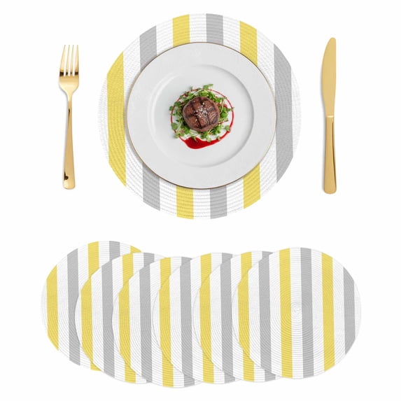 Yellow Grey Striped Round 15 Inch Placemats Set of 6, Geometric Vertical Stripes White HeatResistant Non Slip Place Mats for Dining Table, Wipeable Braided Kitchen Table Mats for Housewarming