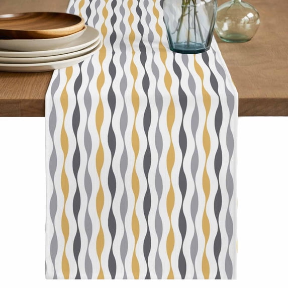 Yellow Grey Striped Table Runner 90 Inches, Modern Abstract Geometric Stripes Bed Runner Dresser Scarves Tabletop for Indoor Outdoor Parties/Ceremony/Banquet, 13" x 90"