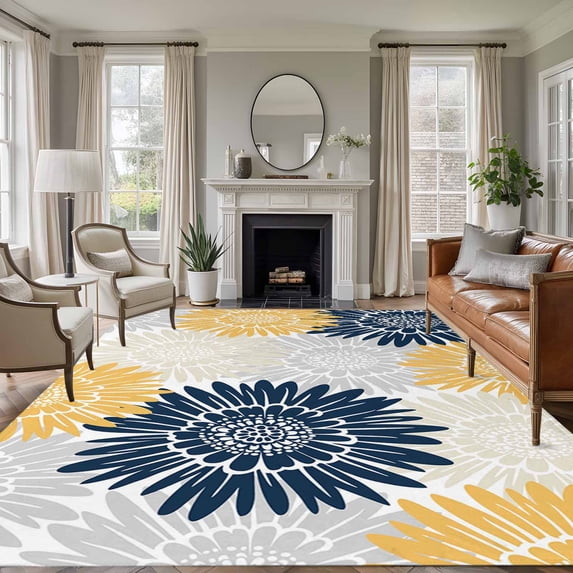 Yellow Grey Sunflowers Area Rugs 5'x8', Washable Small Throw Rugs for Classroom Bedroom, Boho Vintage Floral Rustic Blossom Indoor Outdoor Rug Non-Slip Low Pile Carpet Runner Reversible Floor Mats