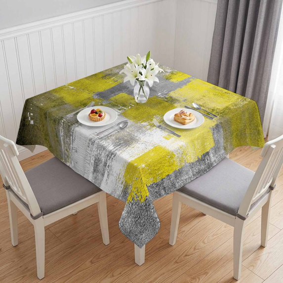 Yellow Grey Table Cloth Waterproof Tablecloths, Abstract Art Oil Painting Modern Geometric Tablecloth Dining Table Cover for Kitchen Party Tabletop Outdoor, Square Tablecloth 54x54 Inch