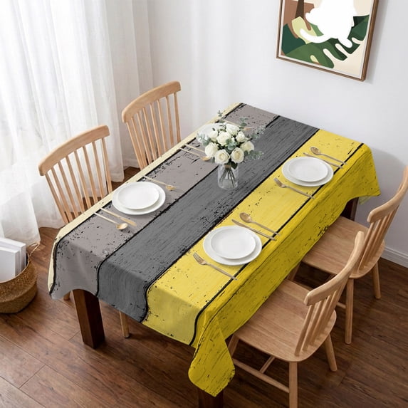 Yellow Grey Table Cloth Waterproof Tablecloths, Vintage Stripe Farmhouse Wood Grain Ombre Tablecloth Dining Table Cover for Kitchen Party Tabletop Outdoor, Rectangle Tablecloth 60x84 Inch