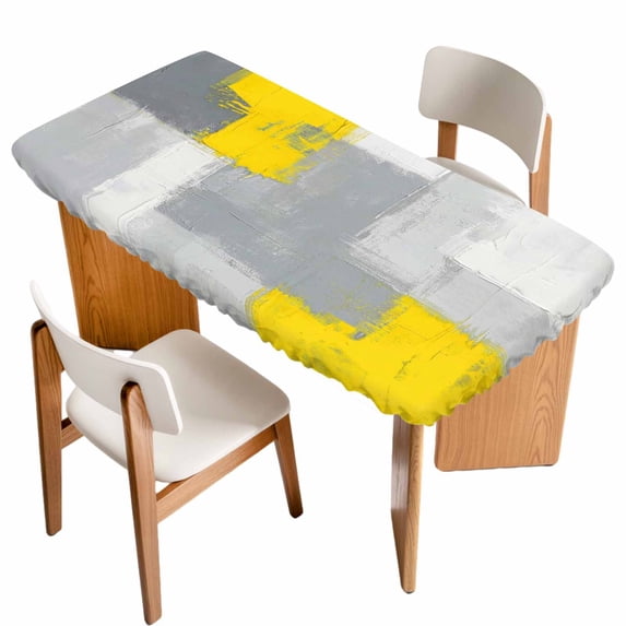 Yellow Grey Table Cloths for 5 Foot Rectangle Tables, Abstract Geometric Oil Painting Vintage Gradient Patio Waterproof Elastic Fitted Tablecloths, Washable Rectangular Table Cover for Camping