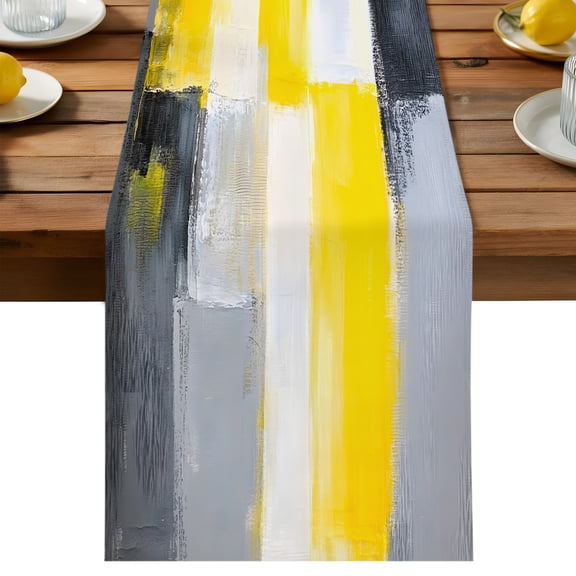 Yellow Grey Table Runner, Oil Painting Abstract Art Cotton Linen Table Cloth, Tablerunner for Kitchen Dining Party Wedding Home Decor 13x36 Inch