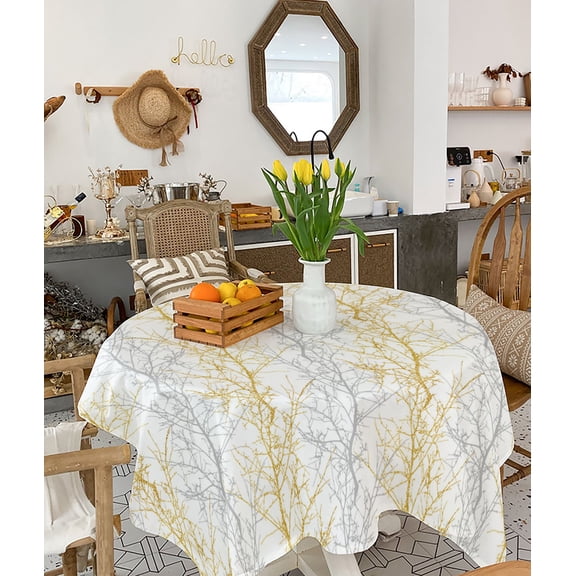 Yellow Grey Tablecloth Square Table Cloth 54x54, Waterproof Tablecloth Outdoor Table Cloth, Pastoral Botanical Branch Aesthetics Washable Table Cover for Kitchen Dining Party