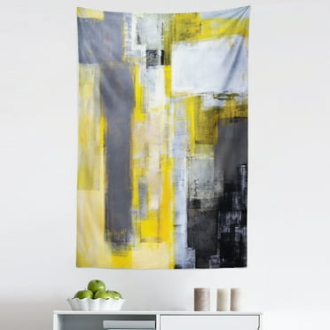 Yellow and Grey Tapestry, Abstract Art Painting Design Modern Composition Brush Marks Pattern, Fabric Wall Hanging Decor for Bedroom Living Room Dorm, 5 Sizes, Yellow Grey White, by Ambesonne