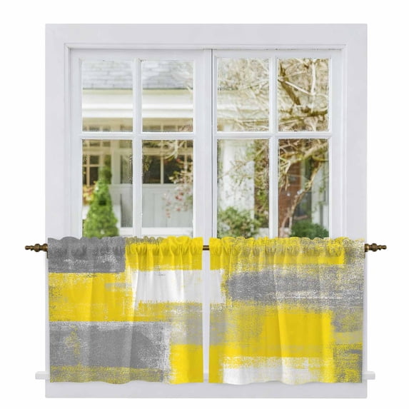 Yellow Grey Tier Curtains, Rustic Mottled Oil Painting Abstract Texture Light Filtering Kitchen Curtains, 2Pcs Rod Pocket Half Window Treatments Panels for Sink Cafe Cabinet Camper 27.5x36 Inches