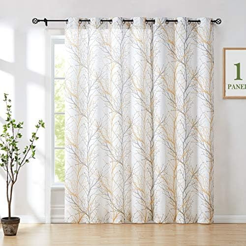 Yellow Grey Tree Curtain for Patio Sliding Door 100 Inch Extra Wide Curtains 96 Inches Long Sliding Door Panel Branch Print Linen Textured Privacy Semi Sheer Curtain Drapes 1 Panel
