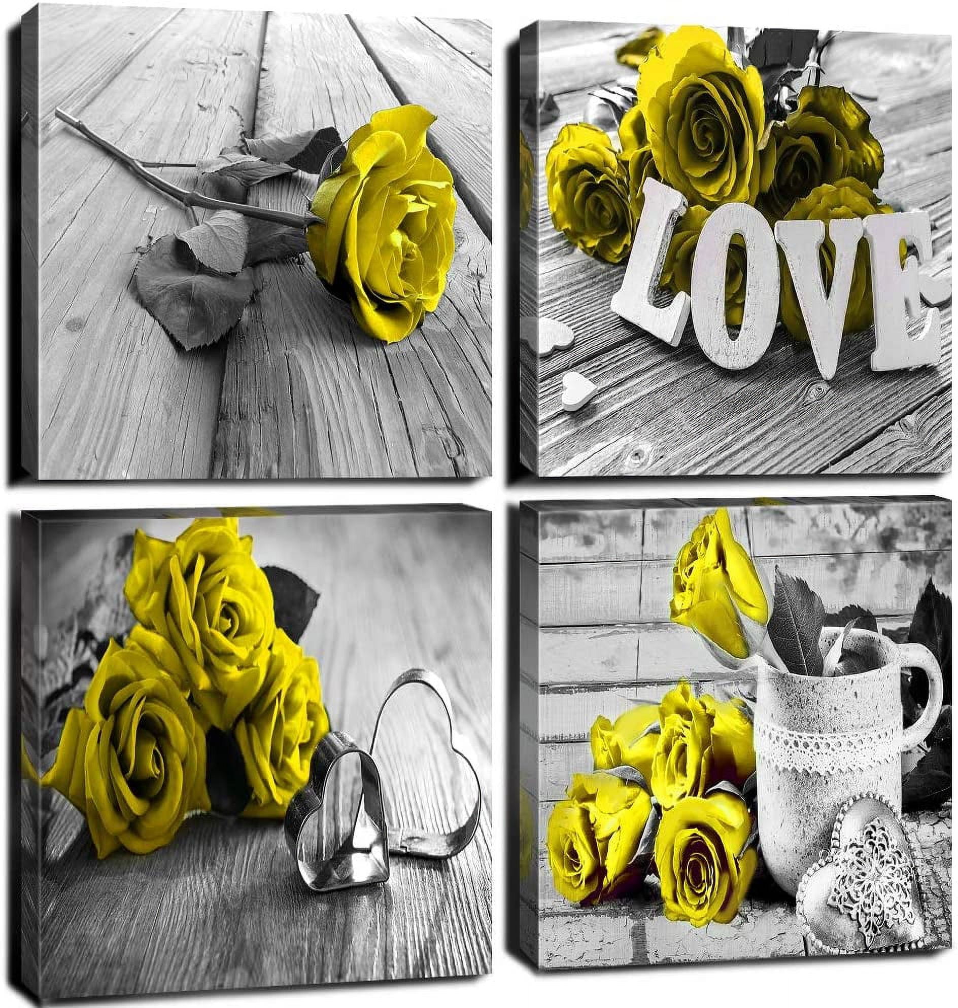 Yellow and Grey Wall Art for Living Room Yellow Bathroom Decor Black and White Romantic Rose ...