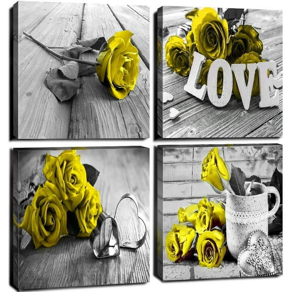 Yellow and Grey Wall Art for Living Room Yellow Bathroom Decor Black and White Romantic Rose Flower Canvas Wall Decor Love Signs Floral Pictures Painting Artwork Kitchen Home Decorations 12x12" 4 Pcs