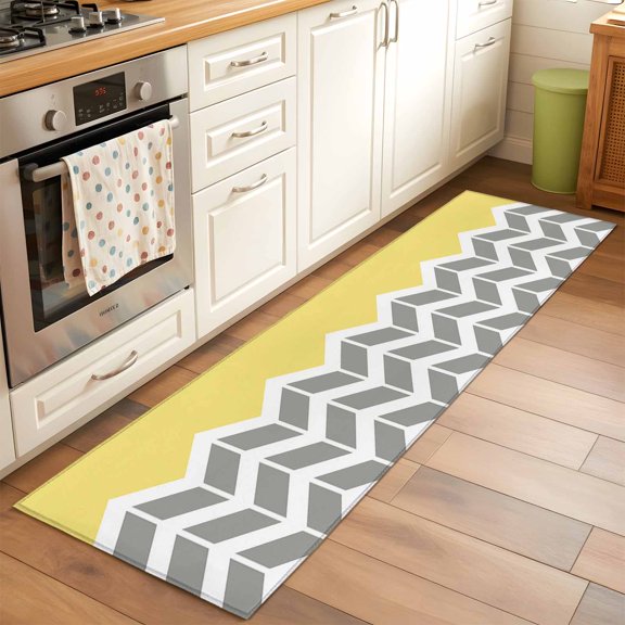 Yellow Grey Washable Area Rug 2x6 Herringbone Abstract Low-Profile Area Rugs with Non Slip Backing Indoor Floor Carpet for Entrance Living Room Bedroom Home Office