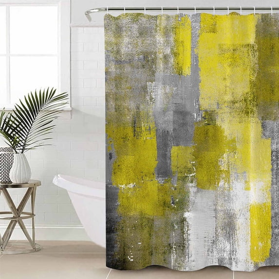 Yellow Grey Waterproof Fabric Shower Curtain, Modern Oil Painted Abstract Art Aesthetics Shower Curtain for Bathroom Curtains Bathtubs Hotel Washable Shower Curtains with 12 Hooks Long 72x78in