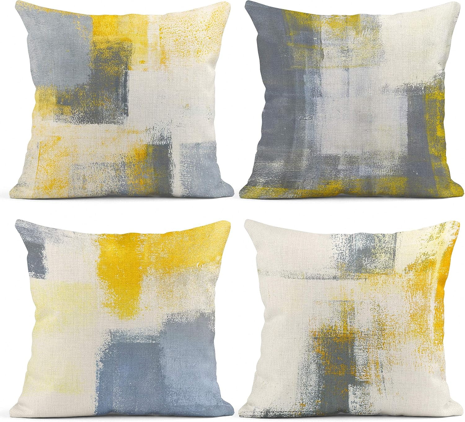 Yellow and Grey White Artwork Pillow Covers Set of 4 18x18 Inches Contemporary Decorative Gray Cushion Cases for Sofa Bedroom Car Home Decor Perfect for Modern Interiors