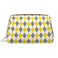 thumbnail image 1 of Yellow Grey White Diamond Plaid Makeup Bag, Large Capacity Travel Cosmetic Bag for Women Girls- Travel Toiletry Bag Leather Portable Waterproof Makeup Case Organizer with Handle, 1 of 4