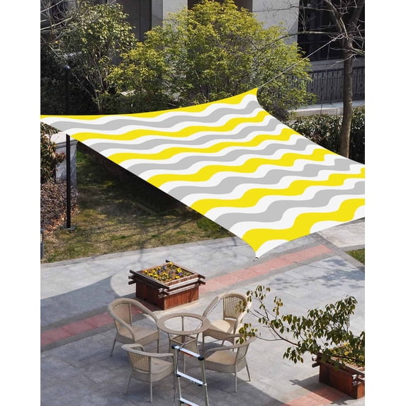 Yellow Grey White Sun Shade Sail 6.5'x10' Rectangle Outdoor Shade Canopy, Abstract Geometric Ocean Wave Stripe Porch Shades Outdoor Sun Blocking Screen, Sunshade Cloth Covers for Patio/Deck/Garden