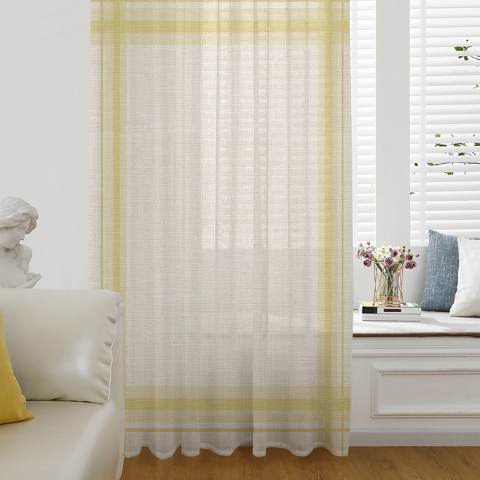 Yellow Grid Lines Sheer Curtains 45 Inch Length Modern Simple Stripes ...