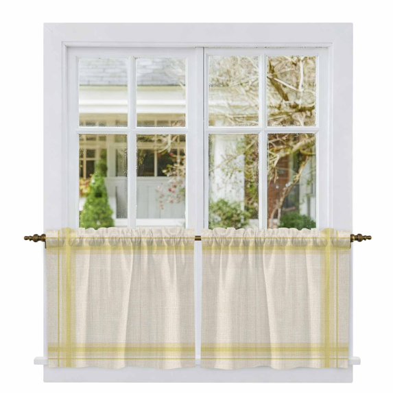 Yellow Grid Lines Tier Curtains 36 Inch Length, Modern Simple Stripes Texture Beige Cafe Short Curtains for Bathroom Over Sink, Small Kitchen Curtain Light Filtering Drapes 2 Panels 27.5"Wx36"L