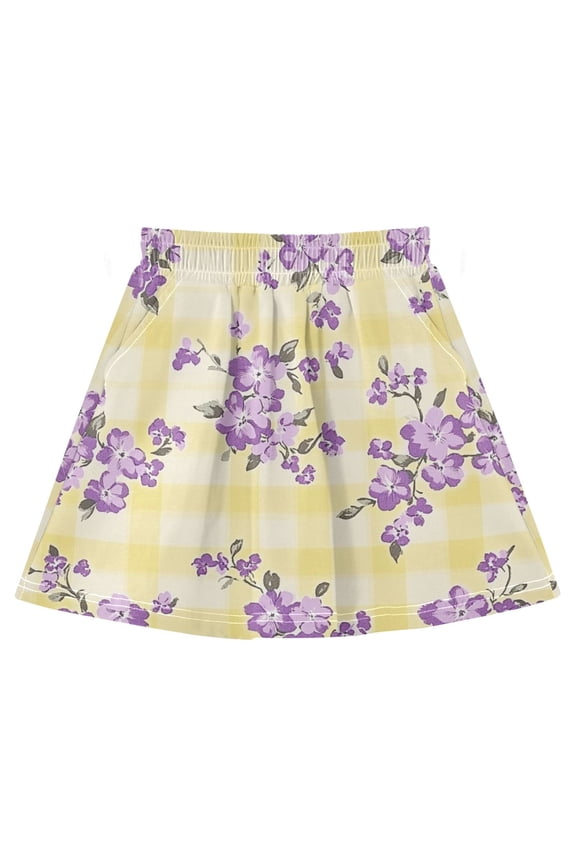 Yellow Grids Purple Florals Girls' Skirts A-Line Skirts with Under Dress Shorts Elastic Waist 3Y
