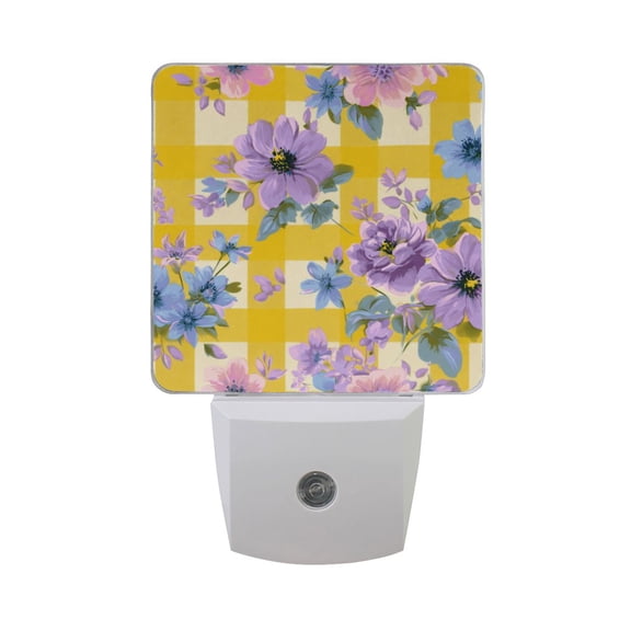 Yellow Grids with Colorful Flowers LED Night Light Sensor Lamp Plug-in Adjustable Brightness 2 Pack