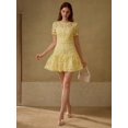 thumbnail image 1 of Yellow Guipure Lace Mini Dress With Short Sleeves And Flared Skirt, 1 of 6
