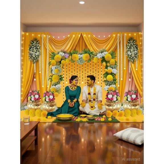 Yellow Haldi Mehandi Decoration Backdrop Cloth for Wedding Function, Traditional Indian Puja Festival Wall (5ft x 8ft)
