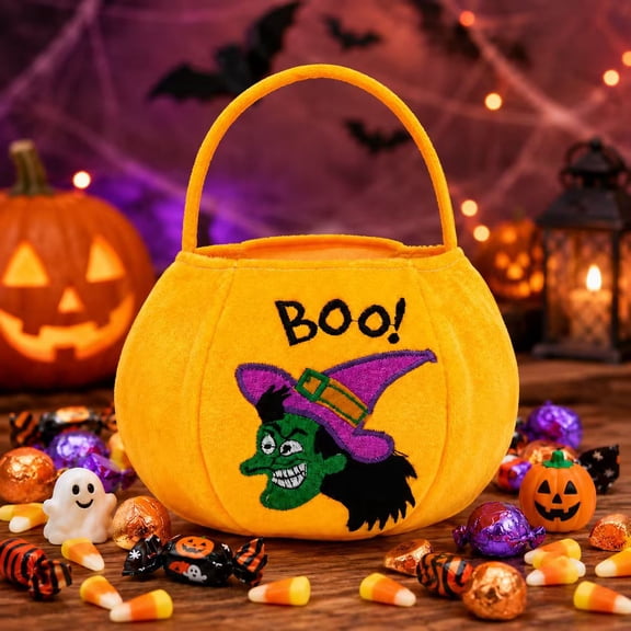 Yellow Halloween Basket for Kids, Plush Witch Face Trick or Treat Candy Bag for Parties and Candy Collecting