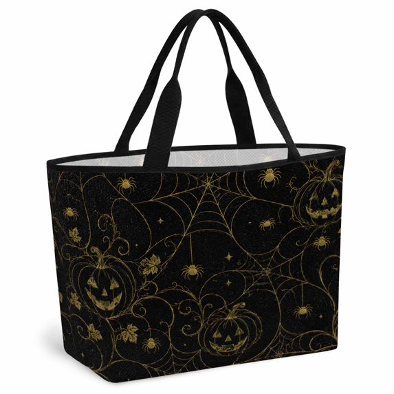 Yellow Halloween Beach Bag for Women, Large Breathable Mesh Beach Tote Bag, Pumpkins Spiders Webs Classic Black Sandproof Lightweight Travel Bags for Vacation Picnic Swimming Pool 15.7"x15.7"x9.1"