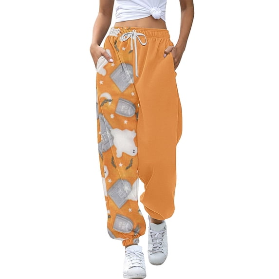 Yellow Halloween Pajama Pants for Women Stretch Drawstring Lounge Pants, Soft Casual Wide Leg Pjs Sleep Bottoms 2XL
