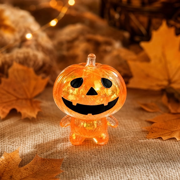 Yellow Halloween Pumpkin Squeeze Toy, Transparent TPR with Floating Glitter Sequins, Soft Fidget Decompress Toy for Holiday Party Decor