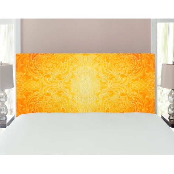 Yellow Headboard, Victorian Style Antique Pattern with Ornamental Flourish Vintage Design Illustration, Upholstered Decorative Metal Bed Headboard with Memory Foam, Full Size, Marigold, by Ambesonne