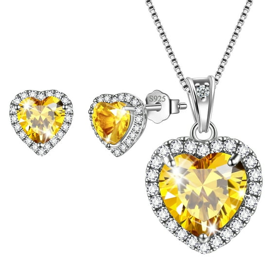 Heart Women Jewelry Sets 925 Sterling Silver Necklace Earrings Yellow Citrine November Birthstone Jewelry Set Christmas Valentine Birthday Gift for Wife Mother