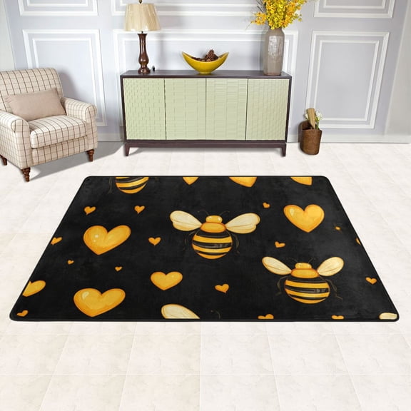 Yellow Hearts Bees Area Rug Washable 72 x 48 Floor Carpet Mat Non Slip for Bedroom Living Room Kids Room Home Decor