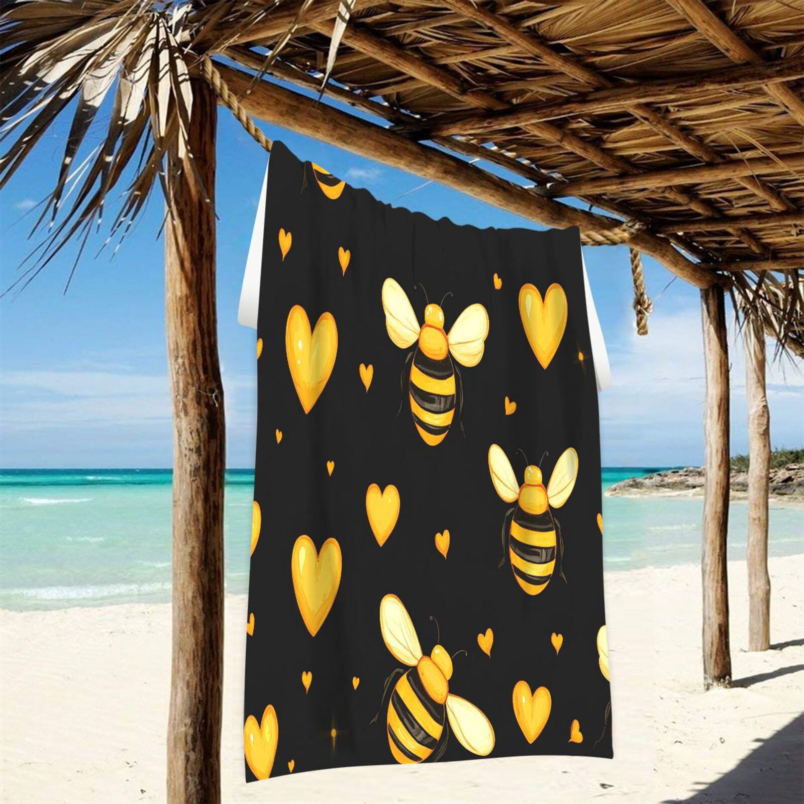 Yellow Hearts Bees Beach Towel Oversized Sandproof Absorbent Quick Dry Towels Adult for Travel Vacation Essentials