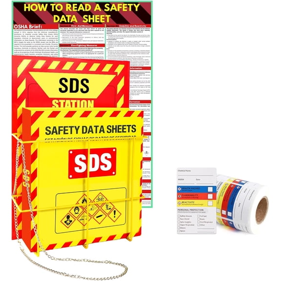 Yellow Heavy Duty 3 Inch Material Safety Data Sheet 3 Ring Binder with SDS Wire Rack and Display Sign, Chain, Safety Posters, MSDS Labels, Binder Wall Mount