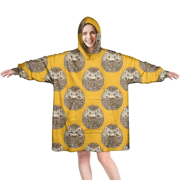 Yellow Hedgehog Pattern Wearable Oversized Blanket,Wearable Blanket Hoodie for Adults,Cozy Hooded Blankets with Super Pockets,Super Warm Fuzzy Pullover for Women & Men