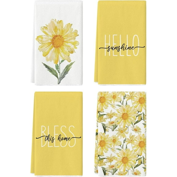 Yellow Hello Sunshine Daisy Bless This Home Spring Kitchen Towels Dish Towels, 18x26 Inch Seasonal Summer Decoration Hand Towels Set of 4