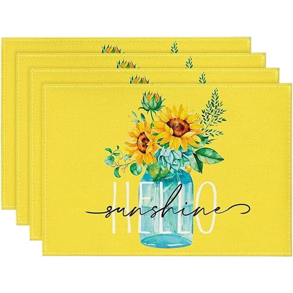 Yellow Hello Sunshine Sunflower Summer Placemats Set of 6, 12x18 Inch Seasonal Spring Table Mats for Party Kitchen Dining Decoration