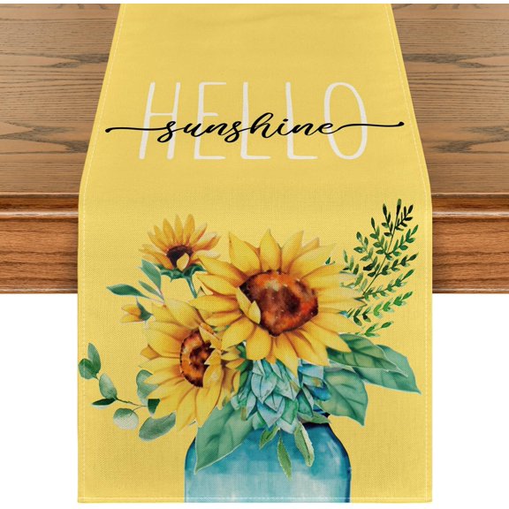 Yellow Hello Sunshine Sunflower Summer Table Runner, Seasonal Spring Kitchen Dining Table Decoration for Home Party Decor 13x120 Inch